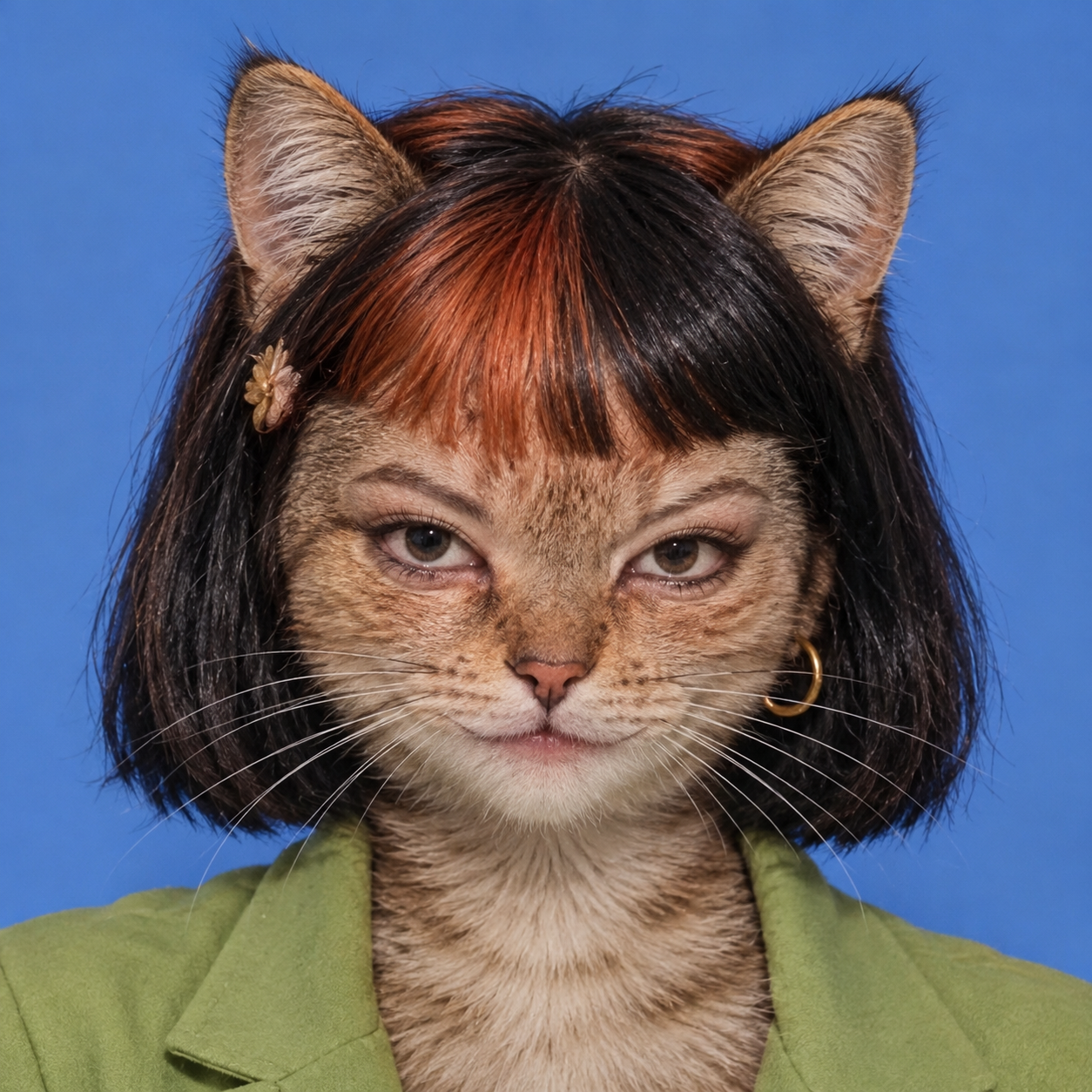 Clawdia, a girl with a cat face, black and copper hair and a green jacket