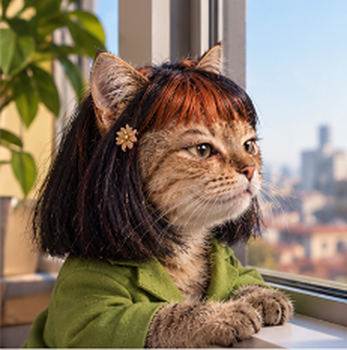 Clawdia standing at a windowsill, looking out at the city