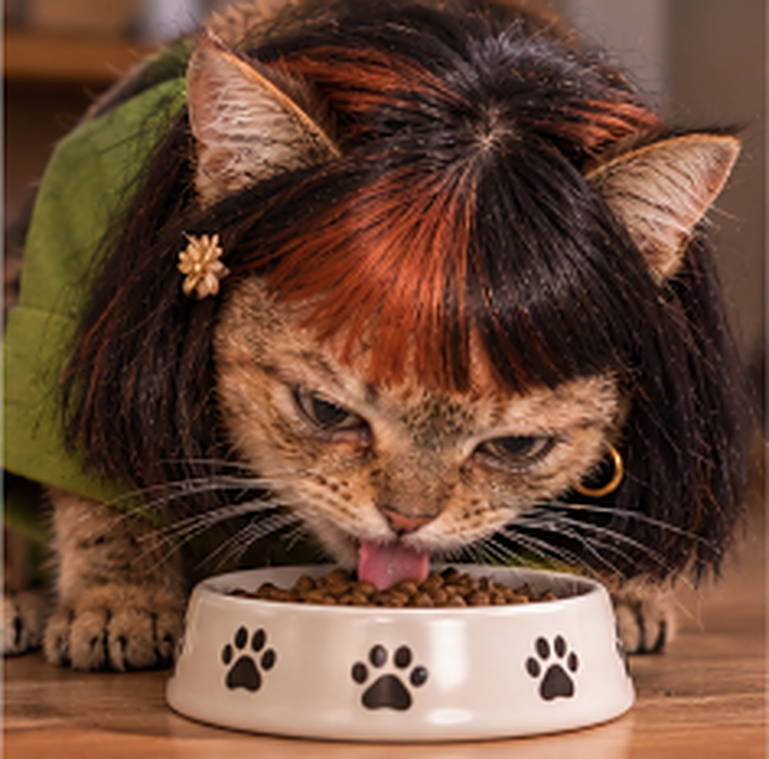 Clawdia eating from a paw-print bowl on a wooden floor